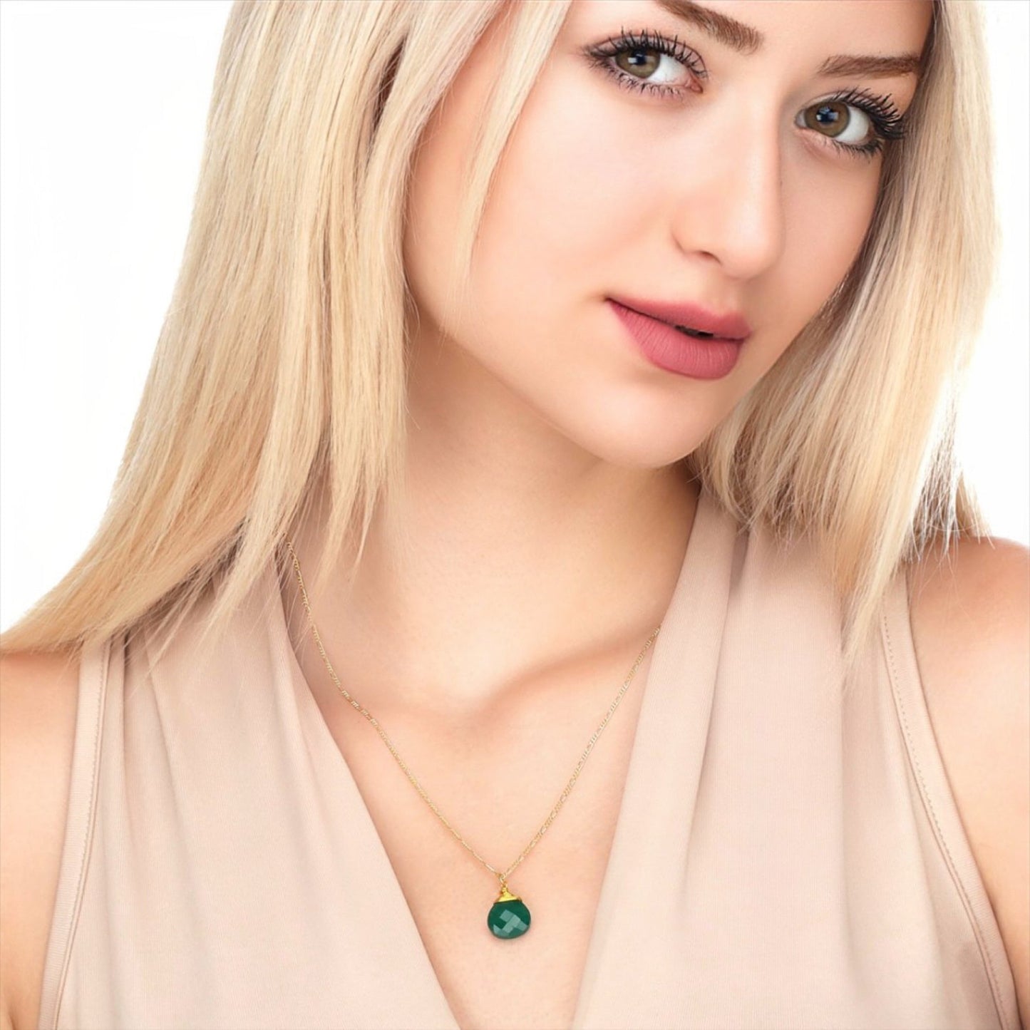 Green Onyx — 925 Sterling Silver Gold Plated Chain