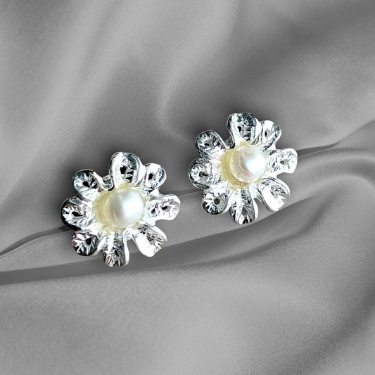 flower pearls — 925 Sterling Silver stud earrings II
