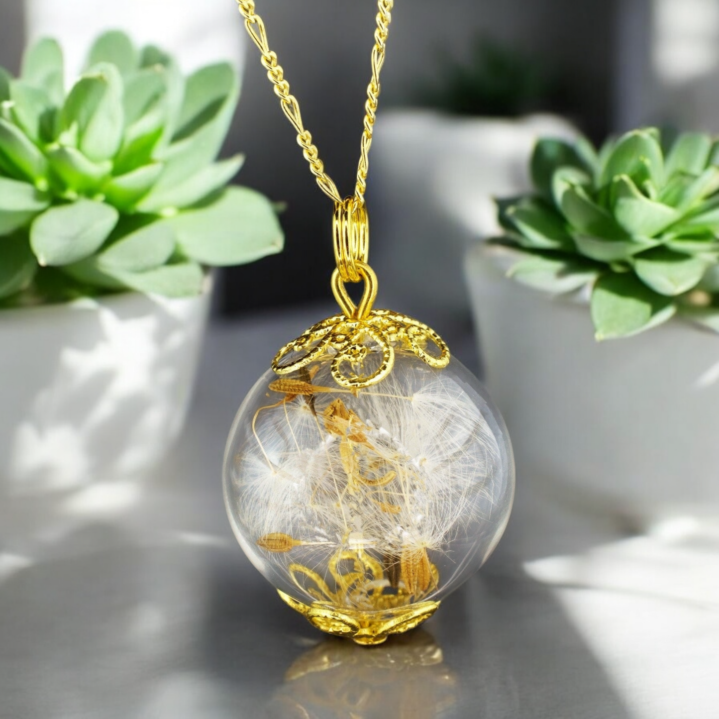 Dandelion Glass Pendant - 925 Sterling Gold Gilded Dandelion Seeds…