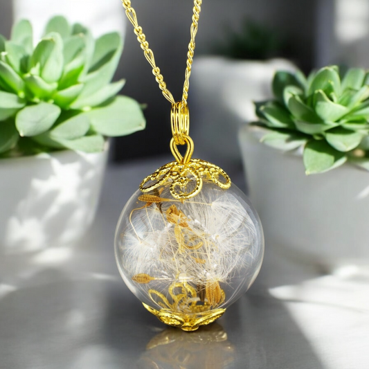 Dandelion Glass Pendant - 925 Sterling Gold Gilded Dandelion Seeds…