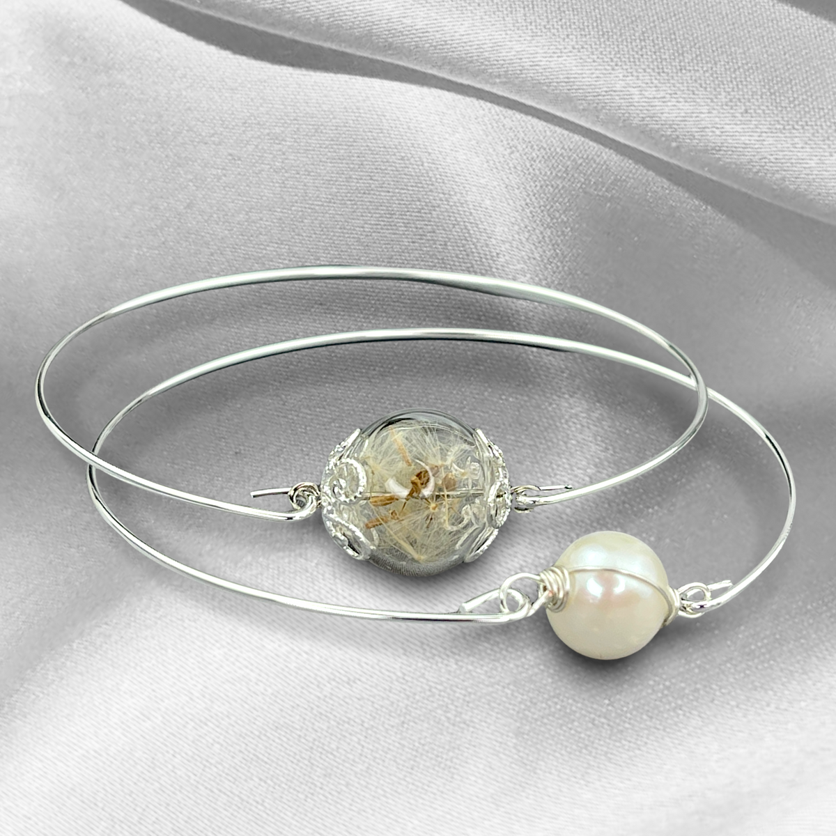 Bracelet set of 2 real dandelions and freshwater pearl - RETARM-10