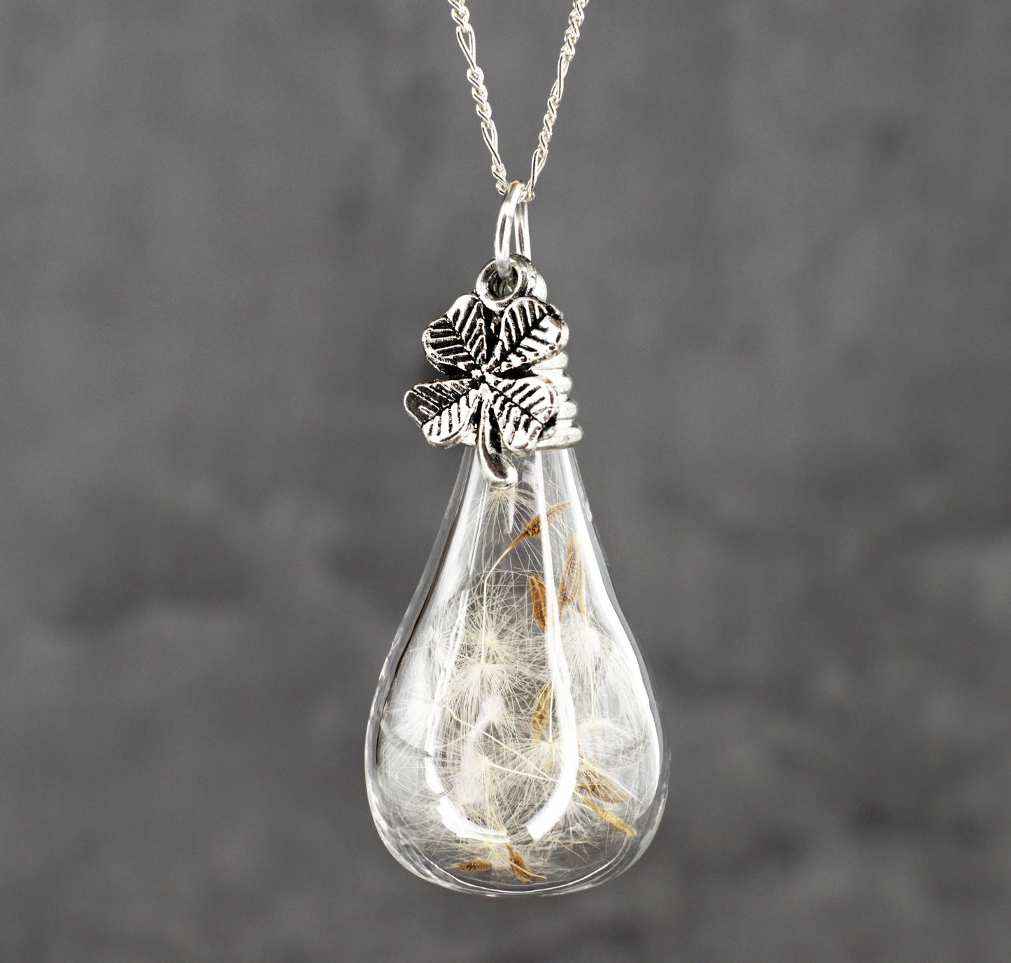 925 Sterling Silver Chain Real Dandelion & Shamrock