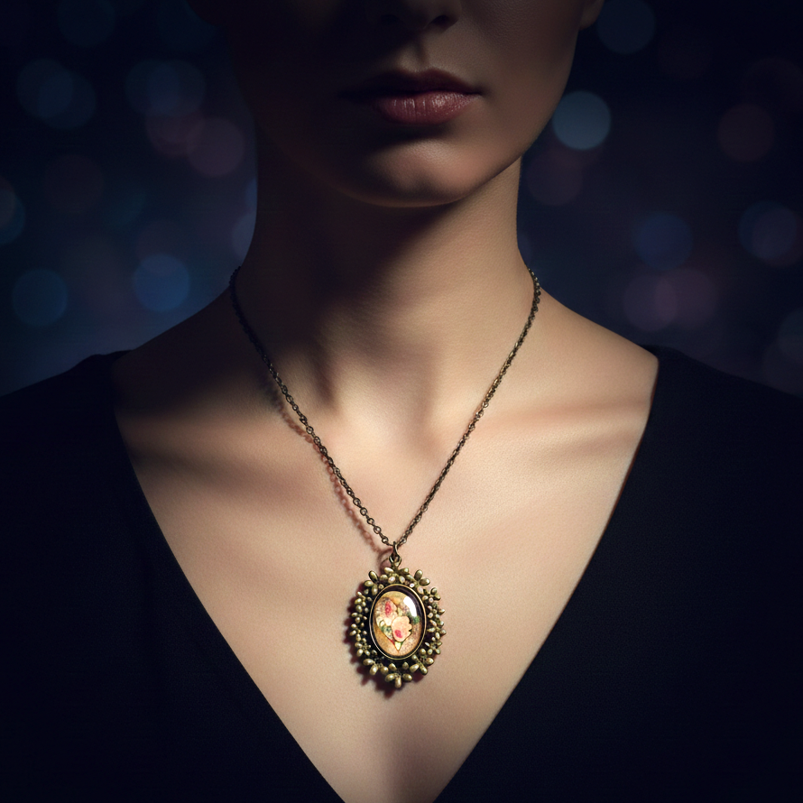 Vintage Rose Medallion Necklace in Bronze, Hypoallergenic, 70cm…
