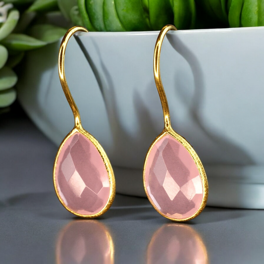 925 Sterling Gold Plated Rose Quartz Gemstone Earrings