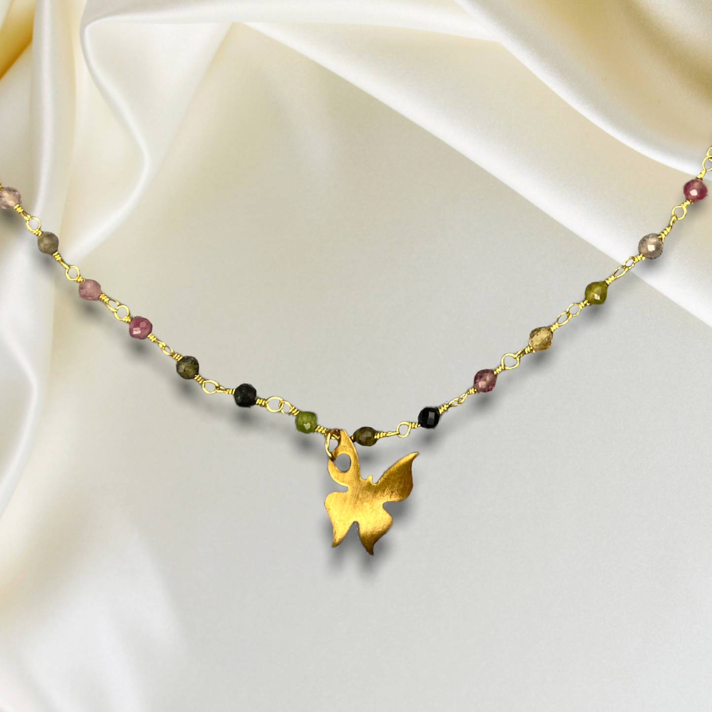 Tourmaline Gold Butterfly Necklace - Gemstone Gradient Metamorphosis…