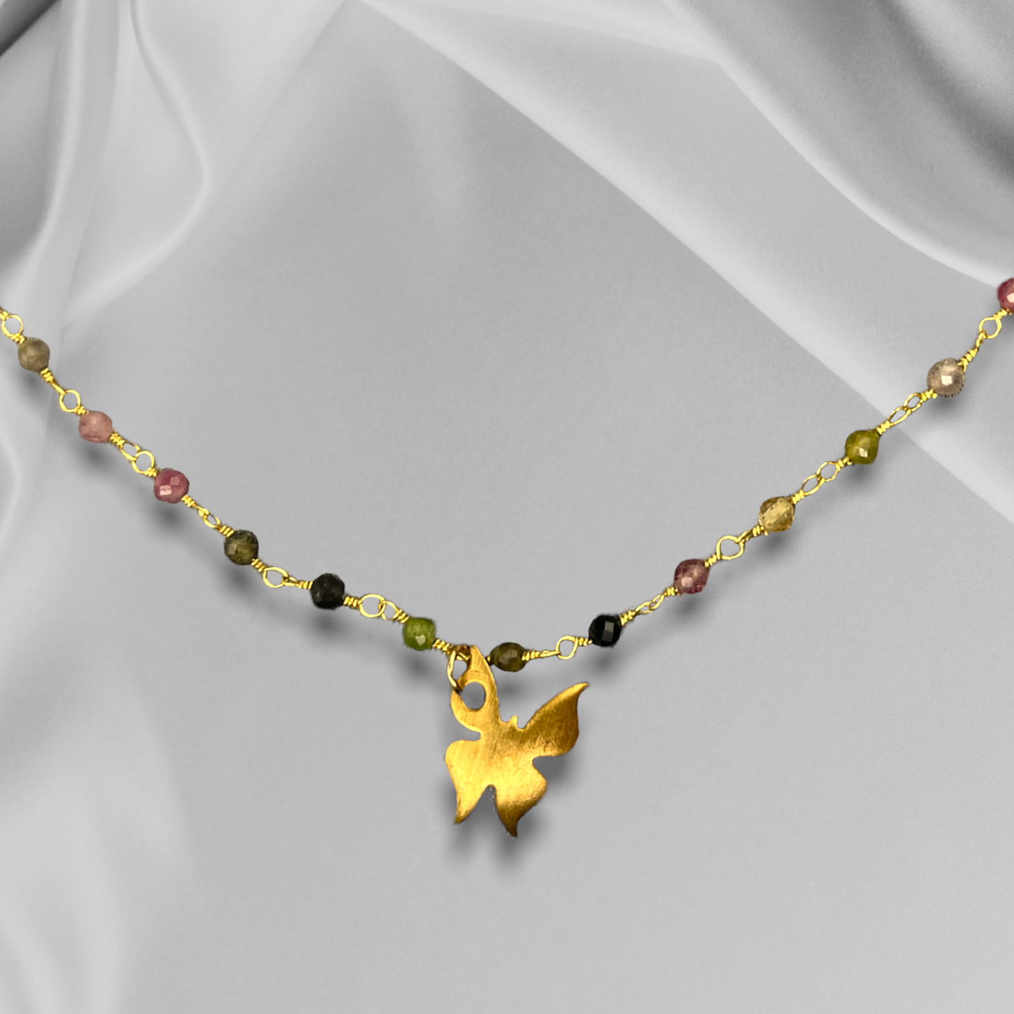Tourmaline Gold Butterfly Necklace - Gemstone Gradient Metamorphosis…
