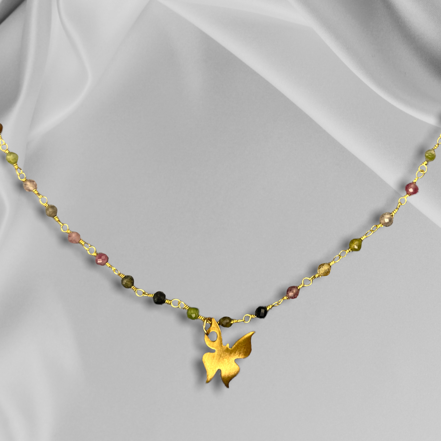 Tourmaline Gold Butterfly Necklace - Gemstone Gradient Metamorphosis…