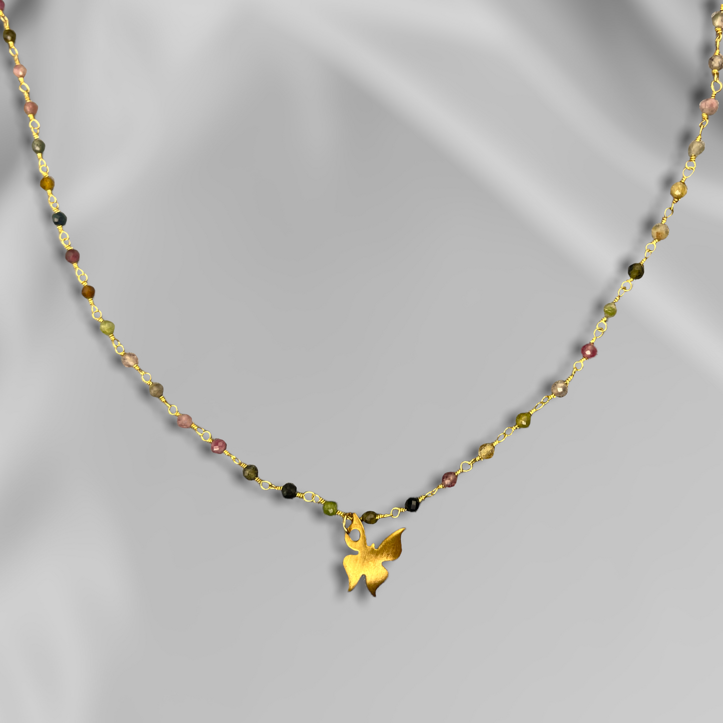 Tourmaline Gold Butterfly Necklace - Gemstone Gradient Metamorphosis…