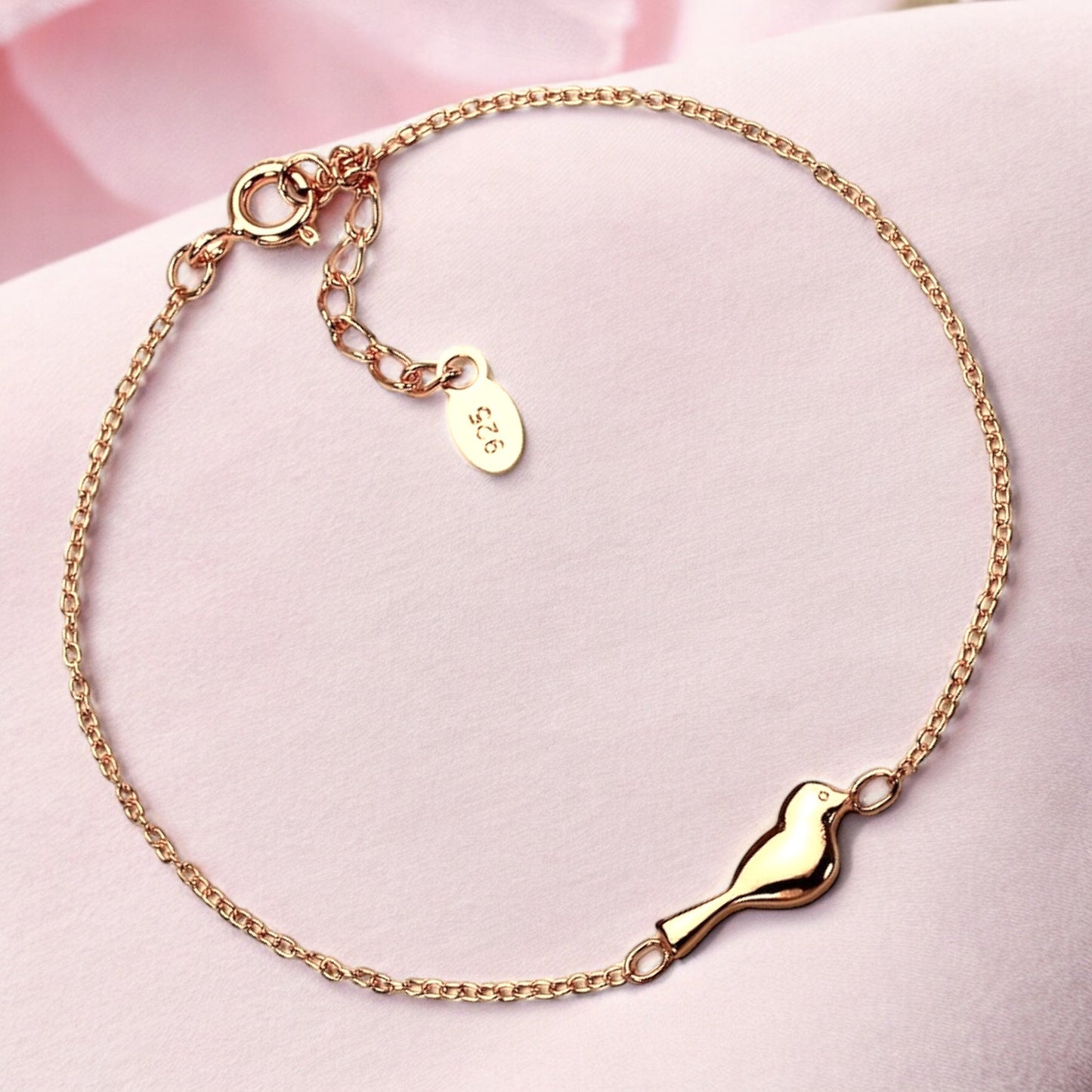 925 Sterling Silver Bracelet with Bird Motif – 18K Gold Plated, 16.5…