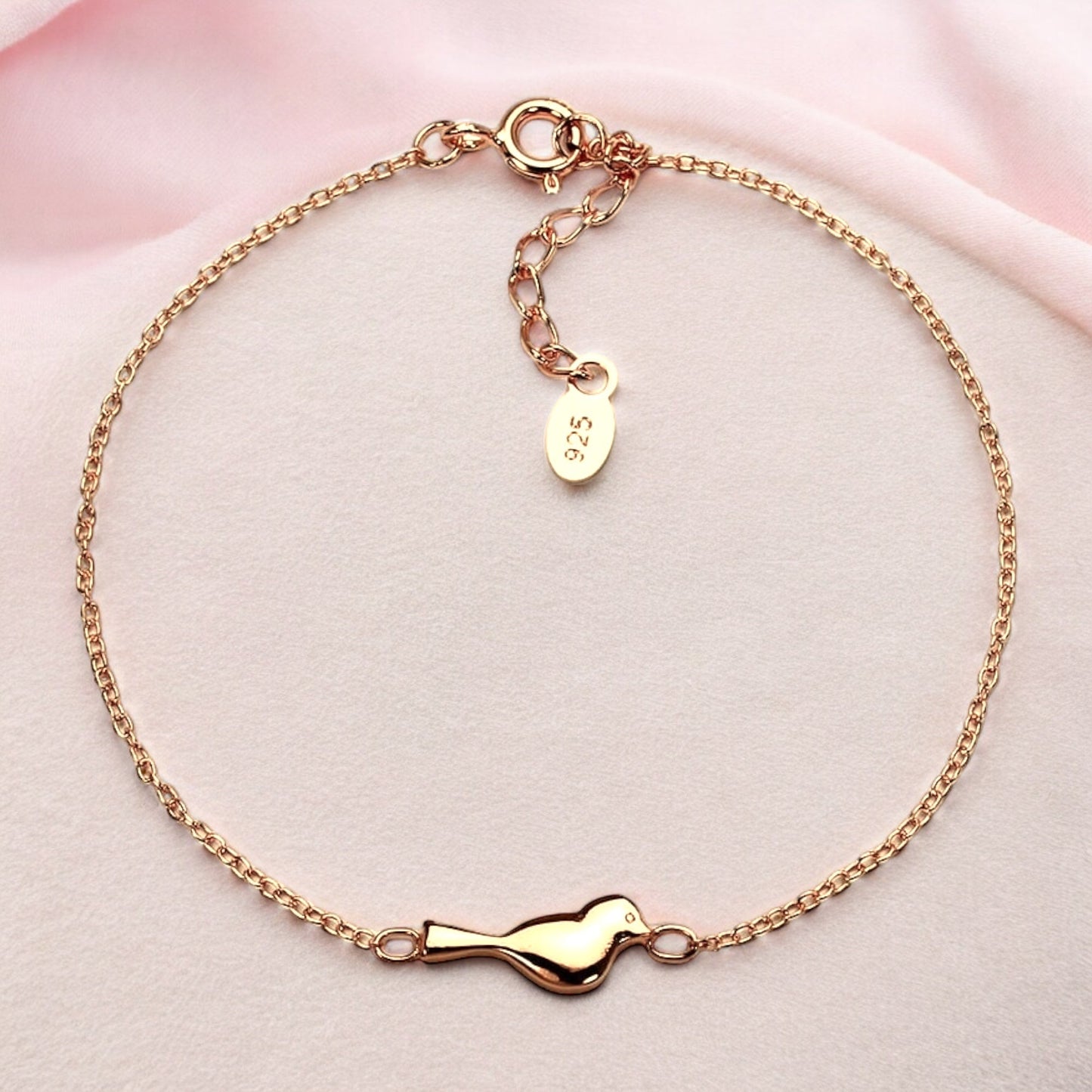 925 Sterling Silver Bracelet with Bird Motif – 18K Gold Plated, 16.5…
