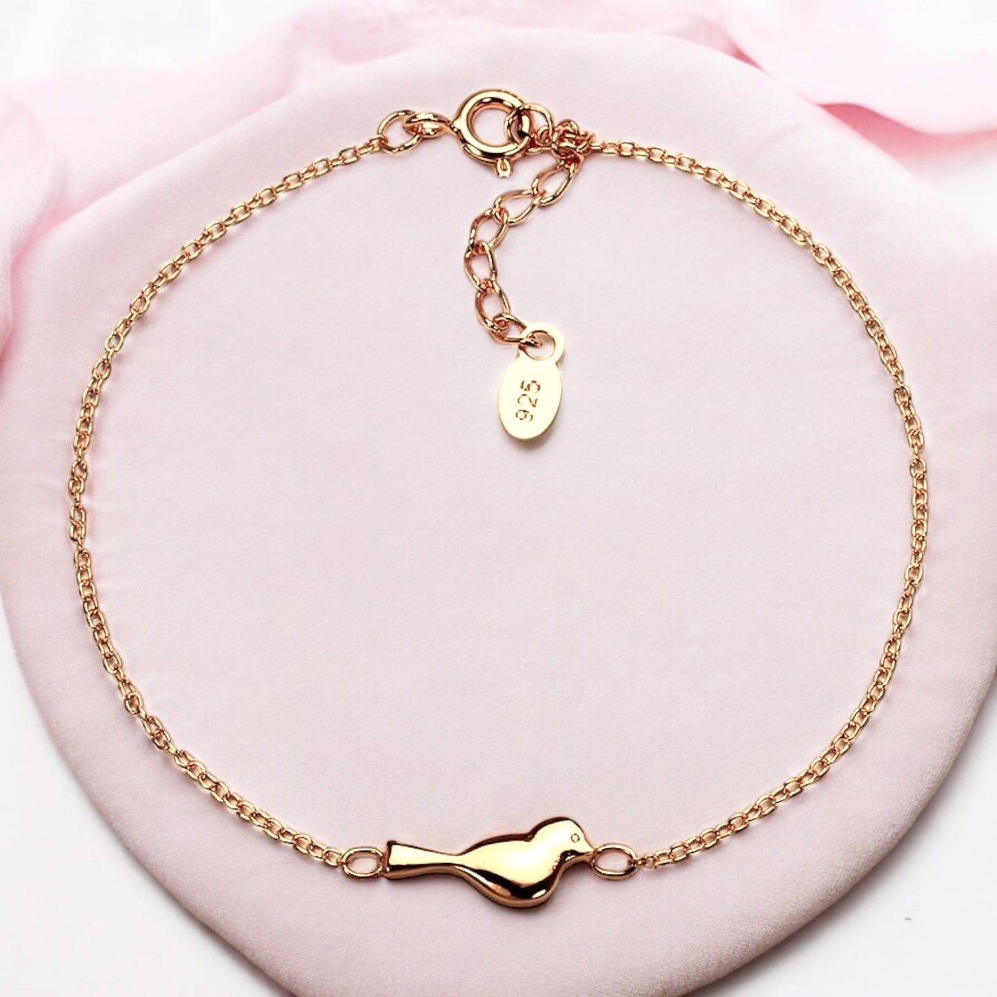 925 Sterling Silver Bracelet with Bird Motif – 18K Gold Plated, 16.5…