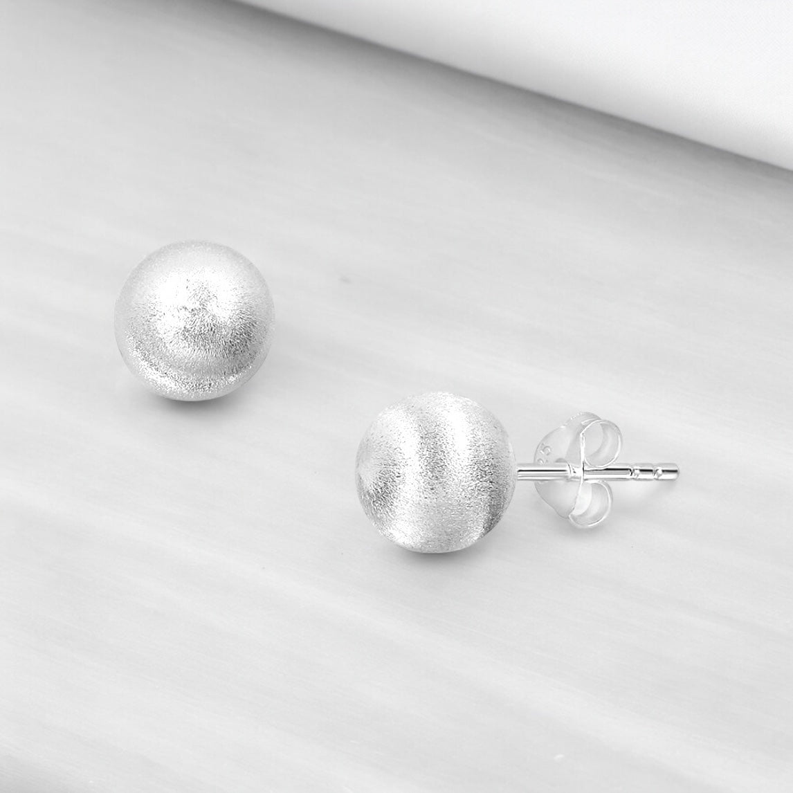 Brushed Classic Silver Ball Stud Earrings - 925 Sterling Silver