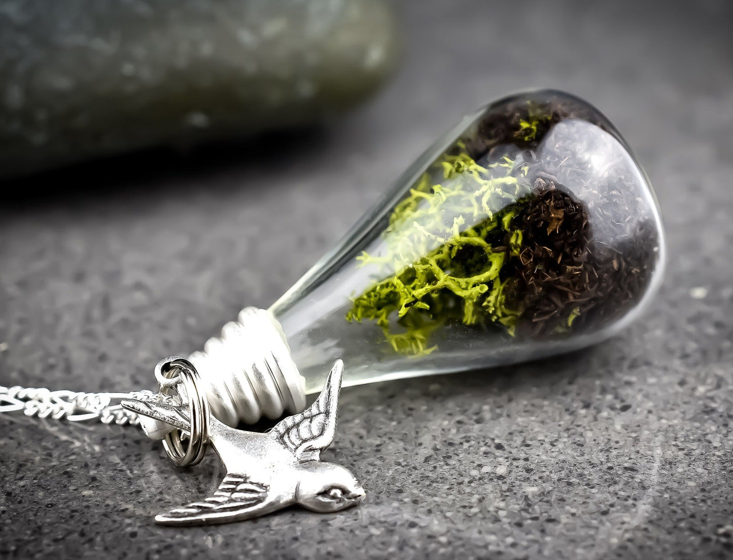 925 Genuine Moss + Earth Silver Chain with Swallow