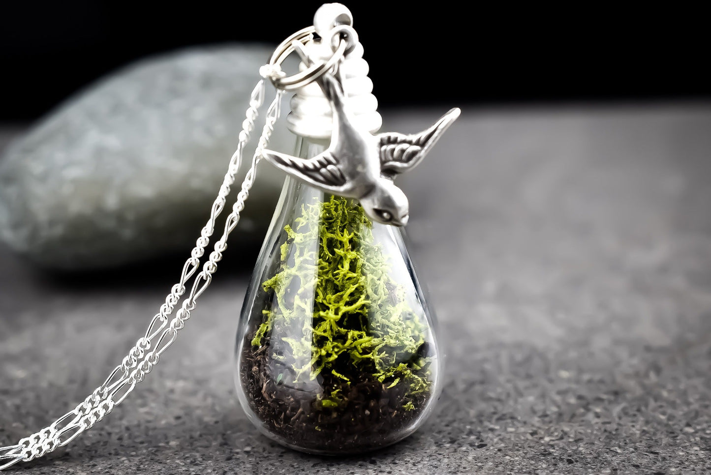 925 Genuine Moss + Earth Silver Chain with Swallow