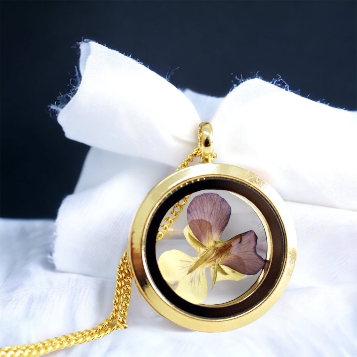 Pansy Glass Gold Locket Pendant Chain - Gold Plated Botany Floral…