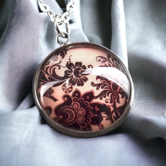 Floral Glass Pendant - Silver Plated Violet Floral Shabby Flowers Chain