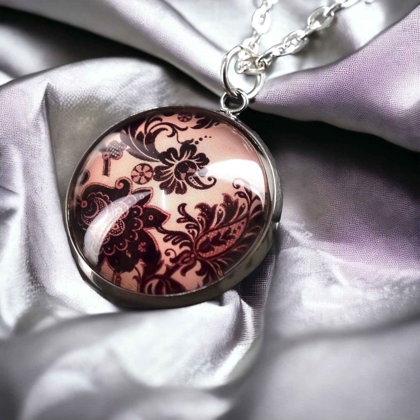 Floral Glass Pendant - Silver Plated Violet Floral Shabby Flowers Chain
