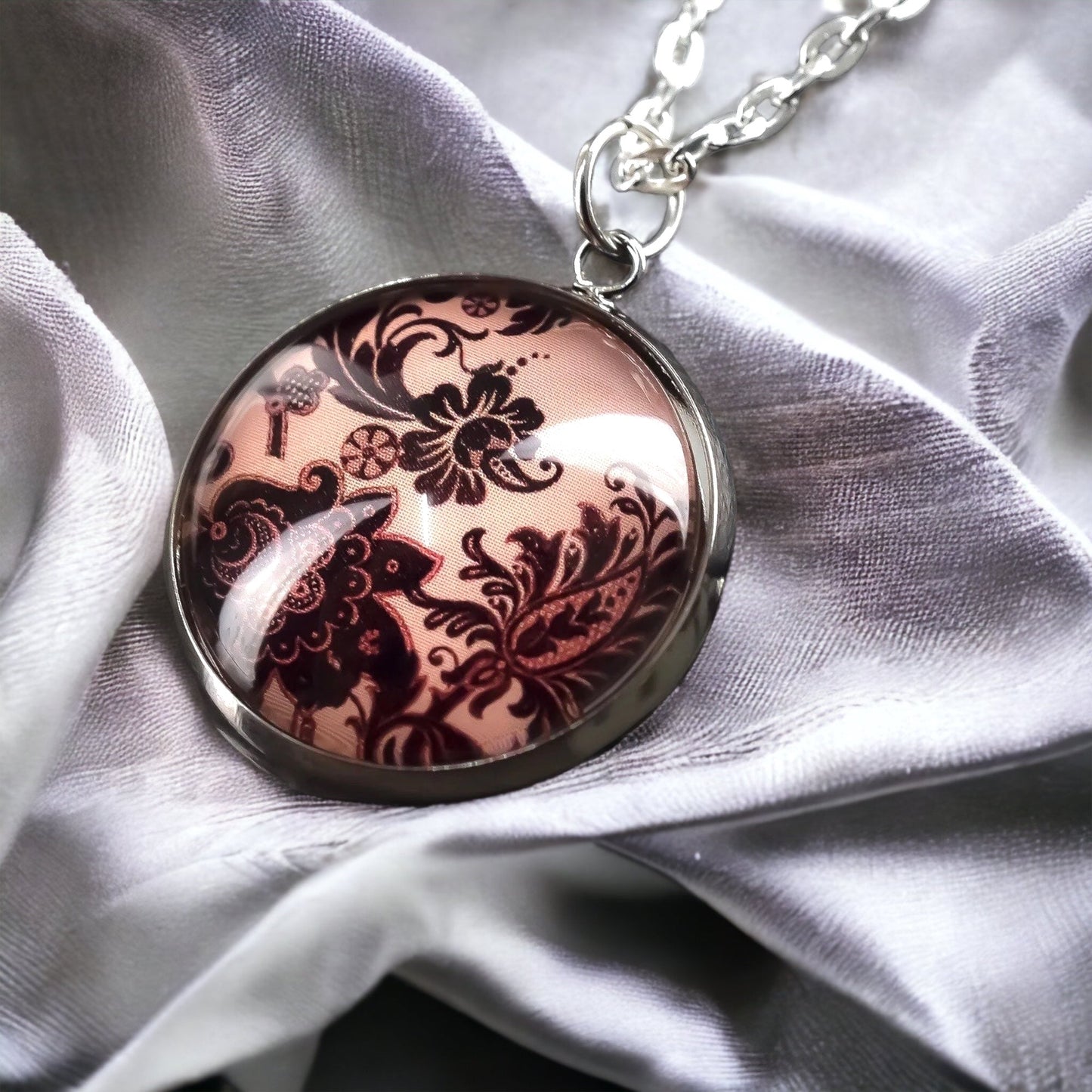 Floral Glass Pendant - Silver Plated Violet Floral Shabby Flowers Chain