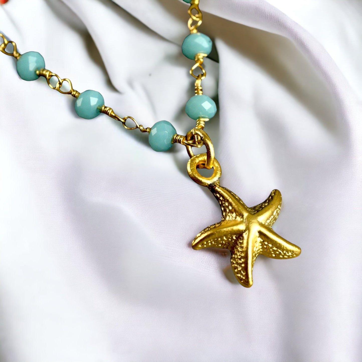 Chalcedon Seeds Gold Necklace - Gold Plated Gem Rondelles Maritime Chain