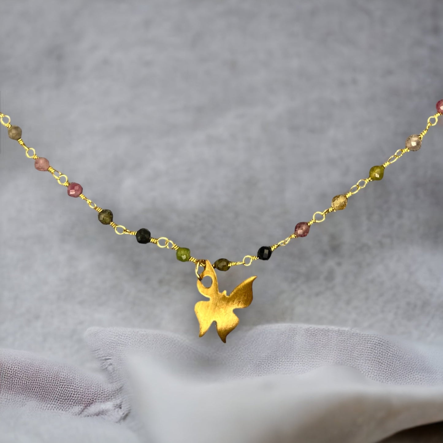 Tourmaline Gold Butterfly Necklace - Gemstone Gradient Metamorphosis…