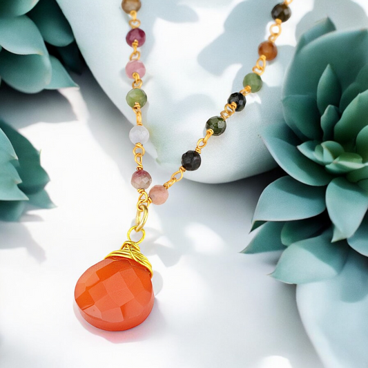Carnelian & Tourmaline Gemstone Teardrop Pendant Necklace Gold - VIK