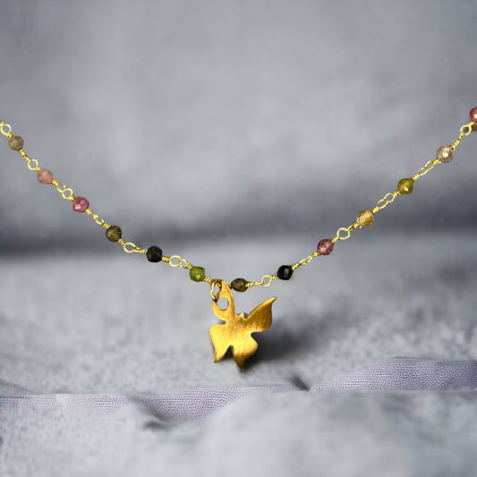 Tourmaline Gold Butterfly Necklace - Gemstone Gradient Metamorphosis…