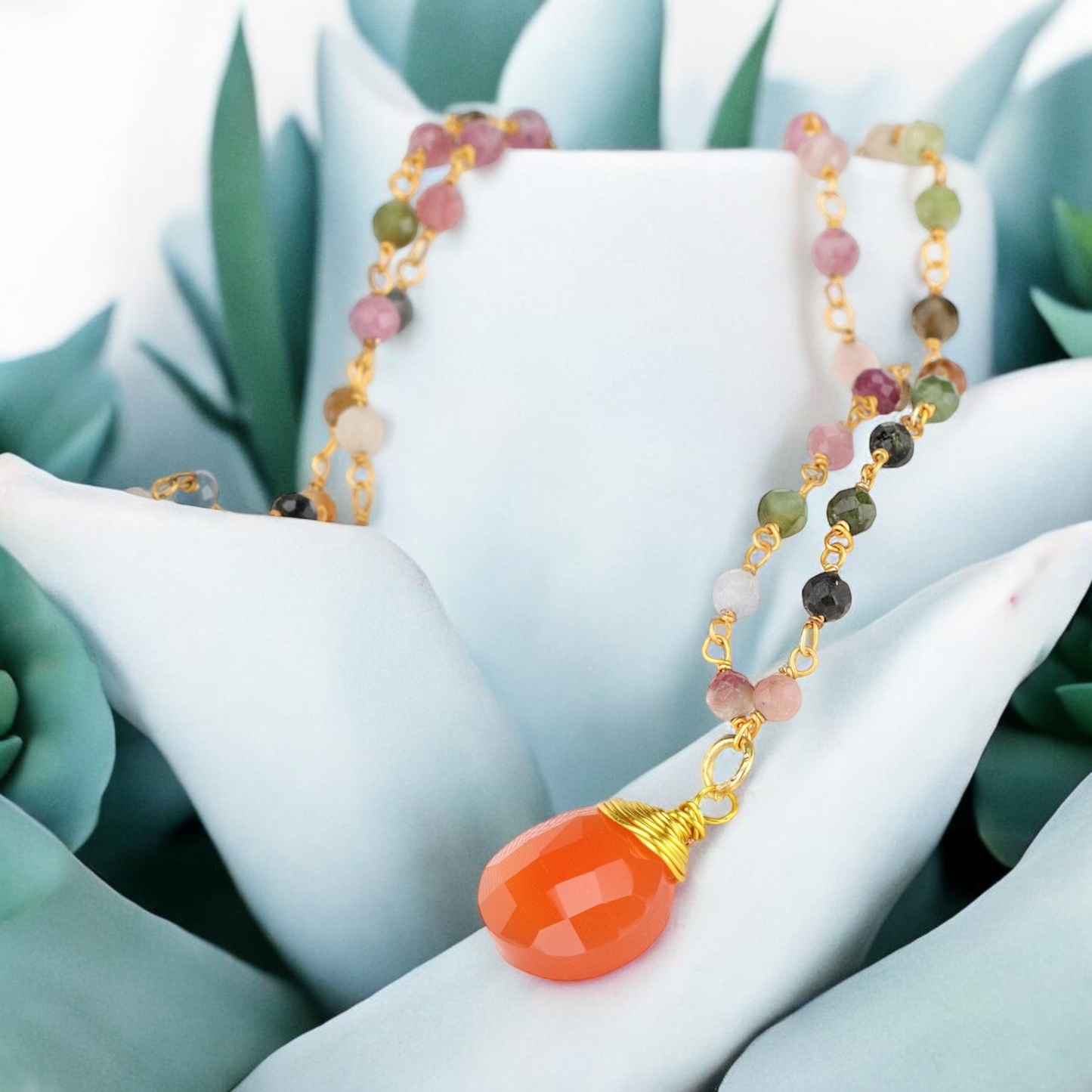 Carnelian & Tourmaline Gemstone Teardrop Pendant Necklace Gold - VIK