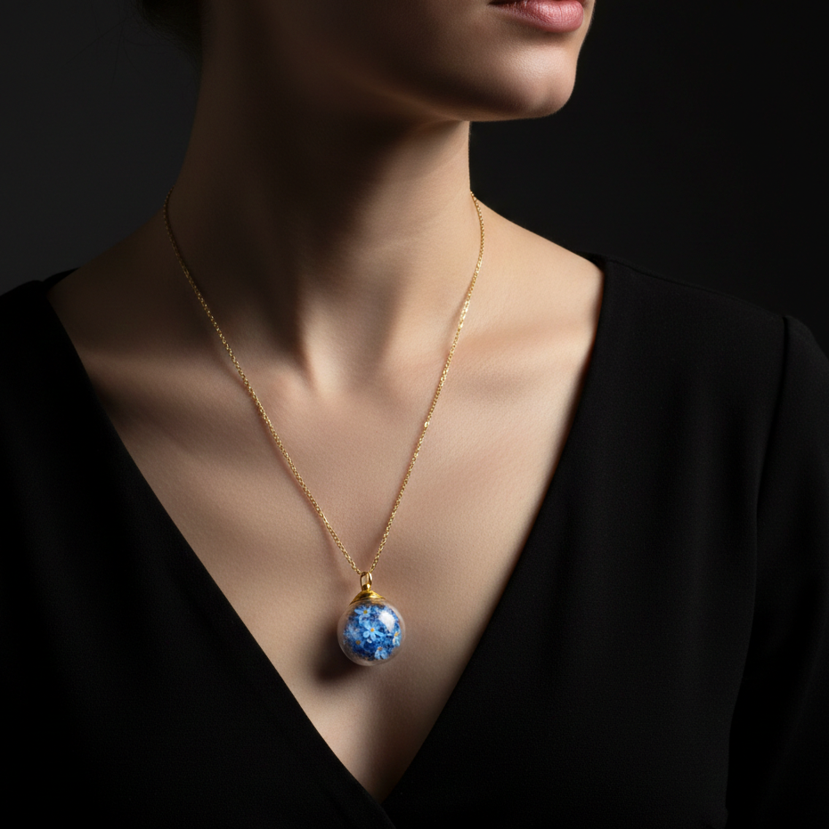 Elegant Forget-Me-Not Orb Necklace Chain Made of Gold-Plated 925…