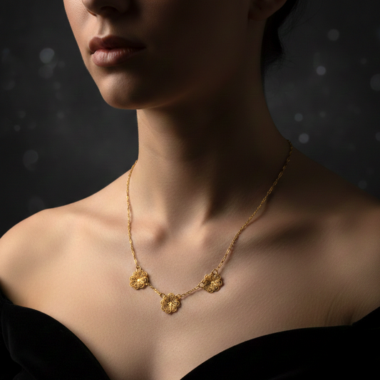Vintage Brass Necklace with Flower Pendants – 70s Design